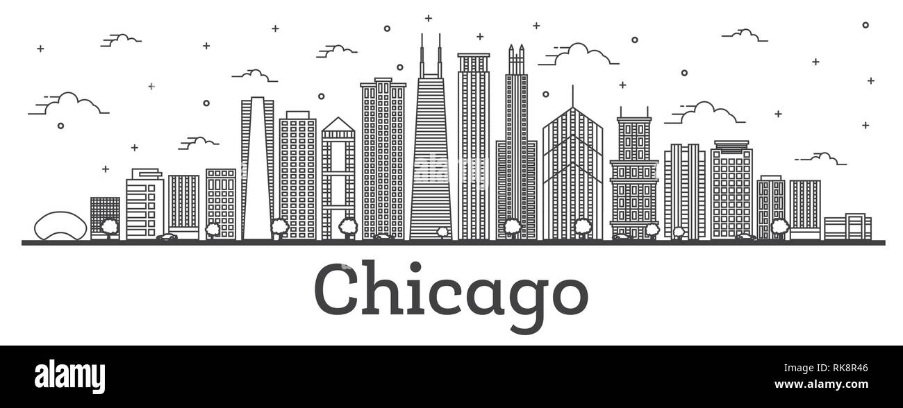Outline Chicago Illinois City Skyline with Modern Buildings Isolated on White. Vector Illustration. Chicago Cityscape with Landmarks. Stock Vector