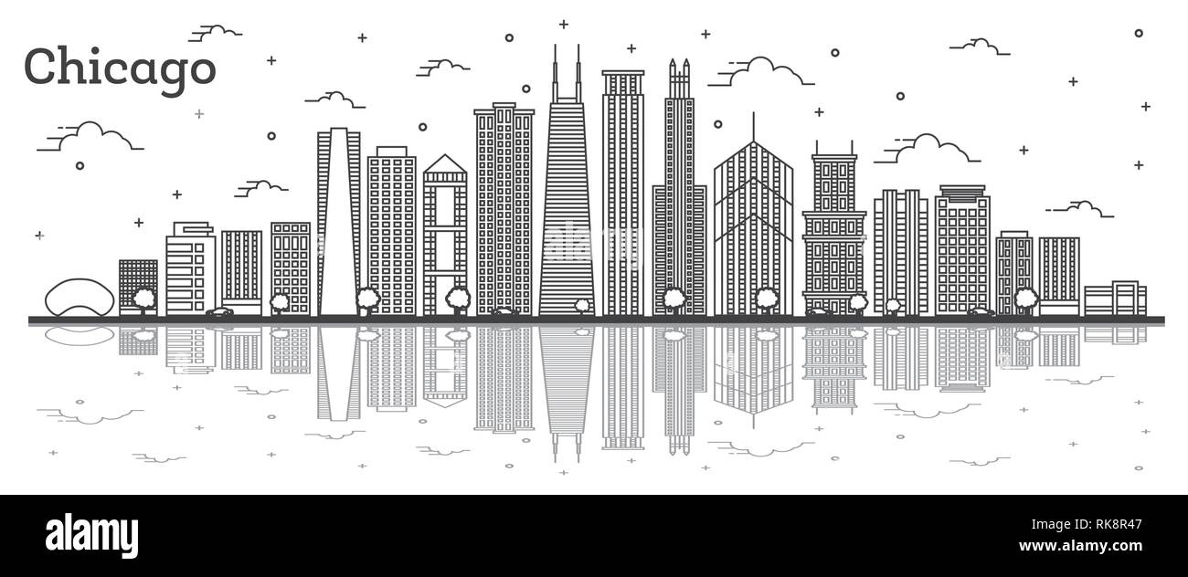 Outline Chicago Illinois City Skyline with Modern Buildings and Reflections Isolated on White. Vector Illustration. Chicago Cityscape with Landmarks. Stock Vector
