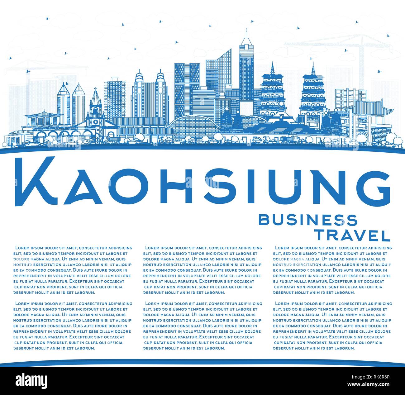 Outline Kaohsiung Taiwan City Skyline with Blue Buildings and Copy Space. Vector Illustration. Business Travel and Tourism Concept with Historic Archi Stock Vector