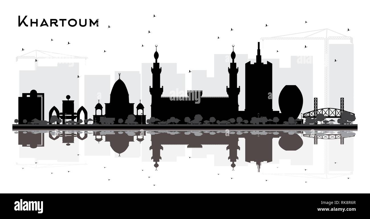 Khartoum Sudan City Skyline Silhouette with Black Buildings and Reflections Isolated on White. Vector Illustration. Stock Vector