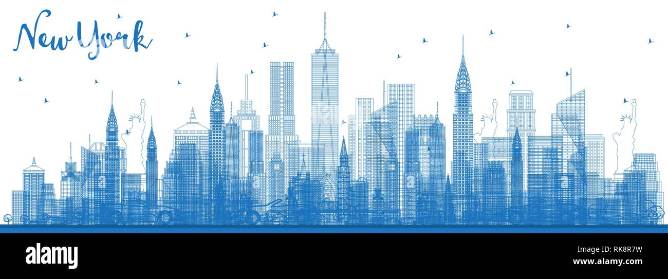 Outline New York USA City Skyline with Blue Buildings. Vector ...
