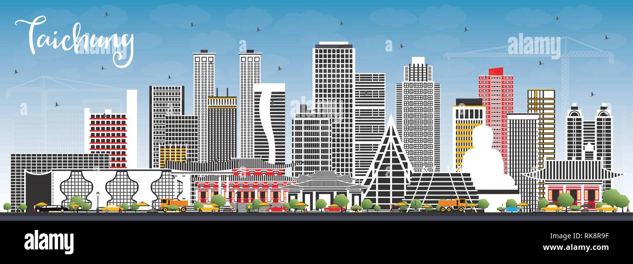 Taichung Taiwan City Skyline with Gray Buildings and Blue Sky. Vector Illustration. Business Travel and Tourism Concept with Historic Architecture. Ta Stock Vector
