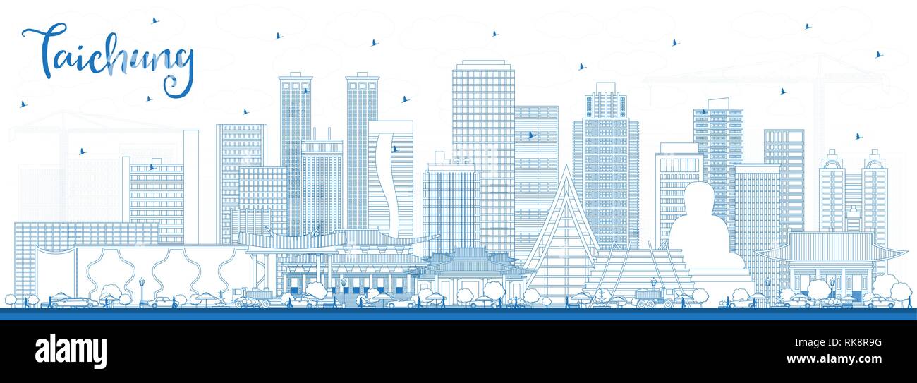 Outline Taichung Taiwan City Skyline with Blue Buildings. Vector Illustration. Business Travel and Tourism Concept with Historic Architecture. Taichun Stock Vector