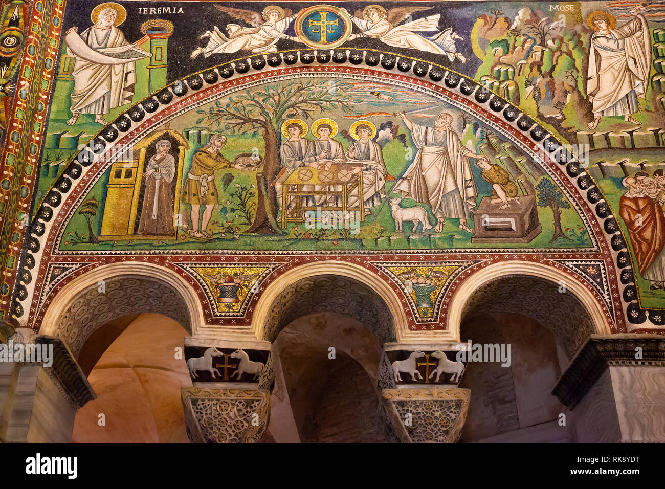 The byzantine mosaic Sacrifice of Isaac. Mosaic from the Basilica San Vitale in Ravenna. Stock Photo