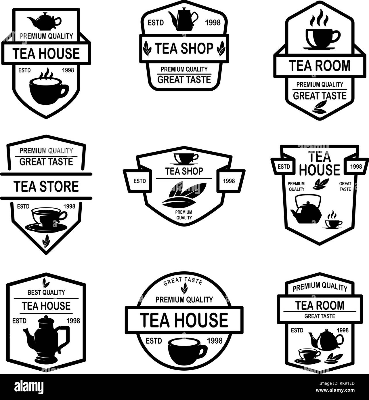 Set of tea house labels. Design element for logo, emblem, sign, poster