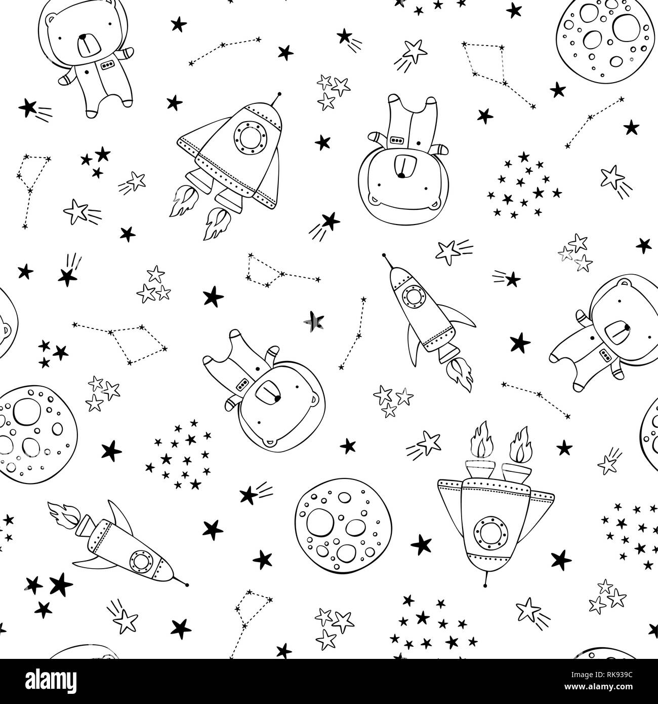 seamless pattern with cute astrunaut bear, spaceship and stars in black and white. modern hand drawn style. design for babies and kids Stock Vector
