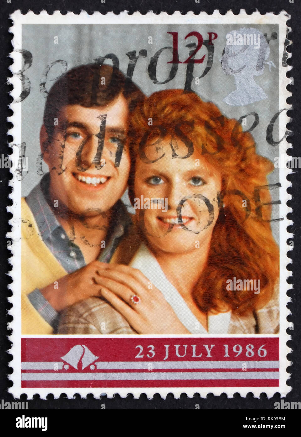 GREAT BRITAIN – CIRCA 1986: a stamp printed in the Great Britain shows Prince Andrew and Sarah Ferguson, circa 1986 Stock Photo
