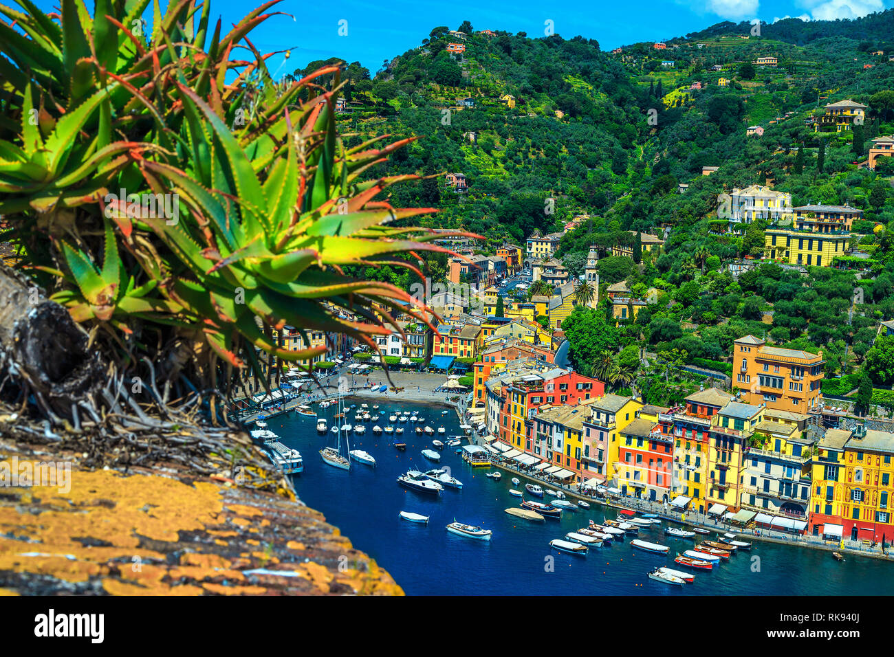 Majestic view from the Brown castle, Portofino old fishing village with admirable colorful mediterranean buildings and luxury harbor, Liguria, Italy,  Stock Photo
