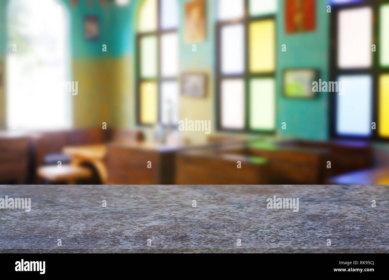 Empty marble stone table in front of abstract blurred background of restaurant, cafe and coffee shop interior. for display or montage your product. Stock Photo