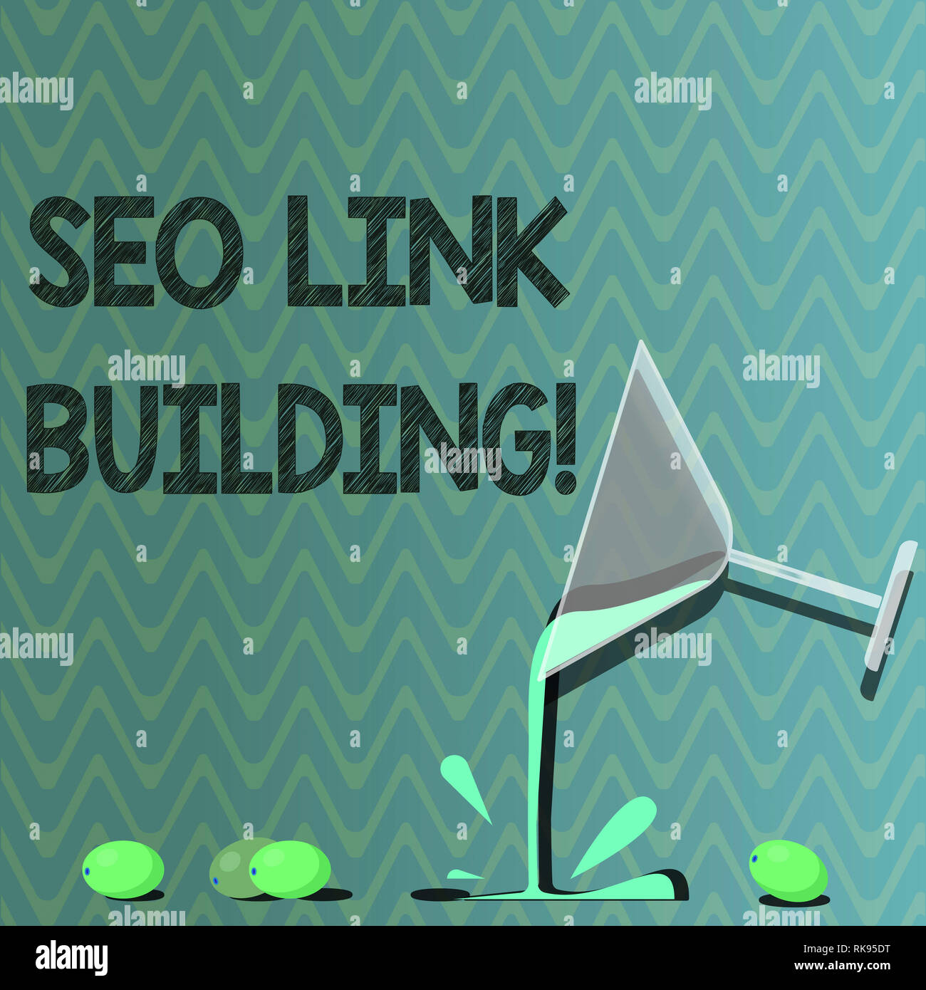 Text sign showing Seo Link Building. Conceptual photo getting other websites to link back your website Cocktail Wine Glass Pouring Liquid with Splash  Stock Photo