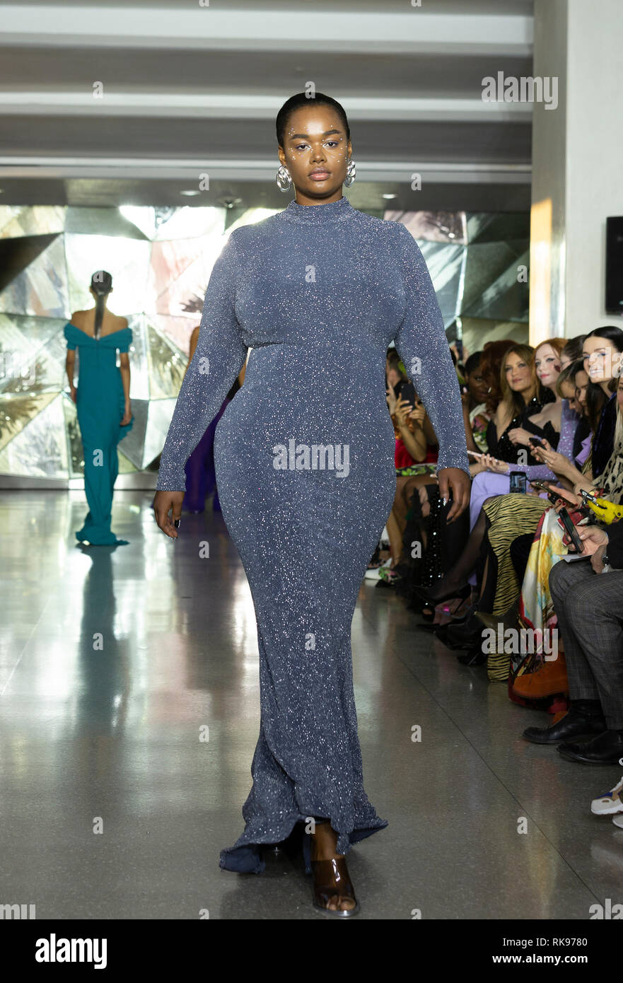 Model walks runway for Christian Siriano New York fashion week Fall/Winter 2019 collection at Top of the Rock Rockefeller Center (Photo by Lev Radin/Pacific Press) Stock Photo