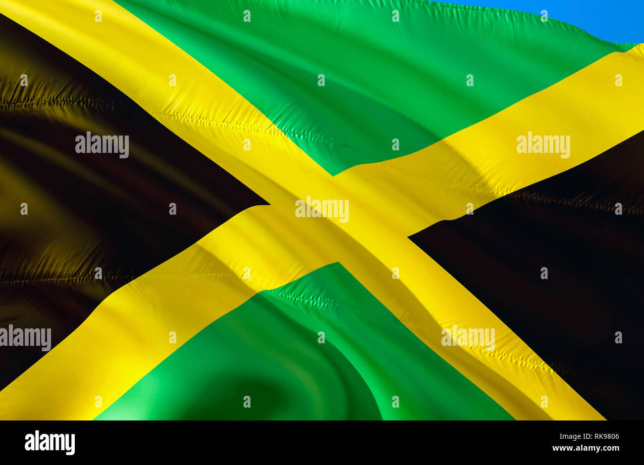 Jamaica flag. 3D Waving flag design. The national symbol of Jamaica, 3D rendering. The national symbol of Jamaica background wallpaper. Caribbean flag Stock Photo
