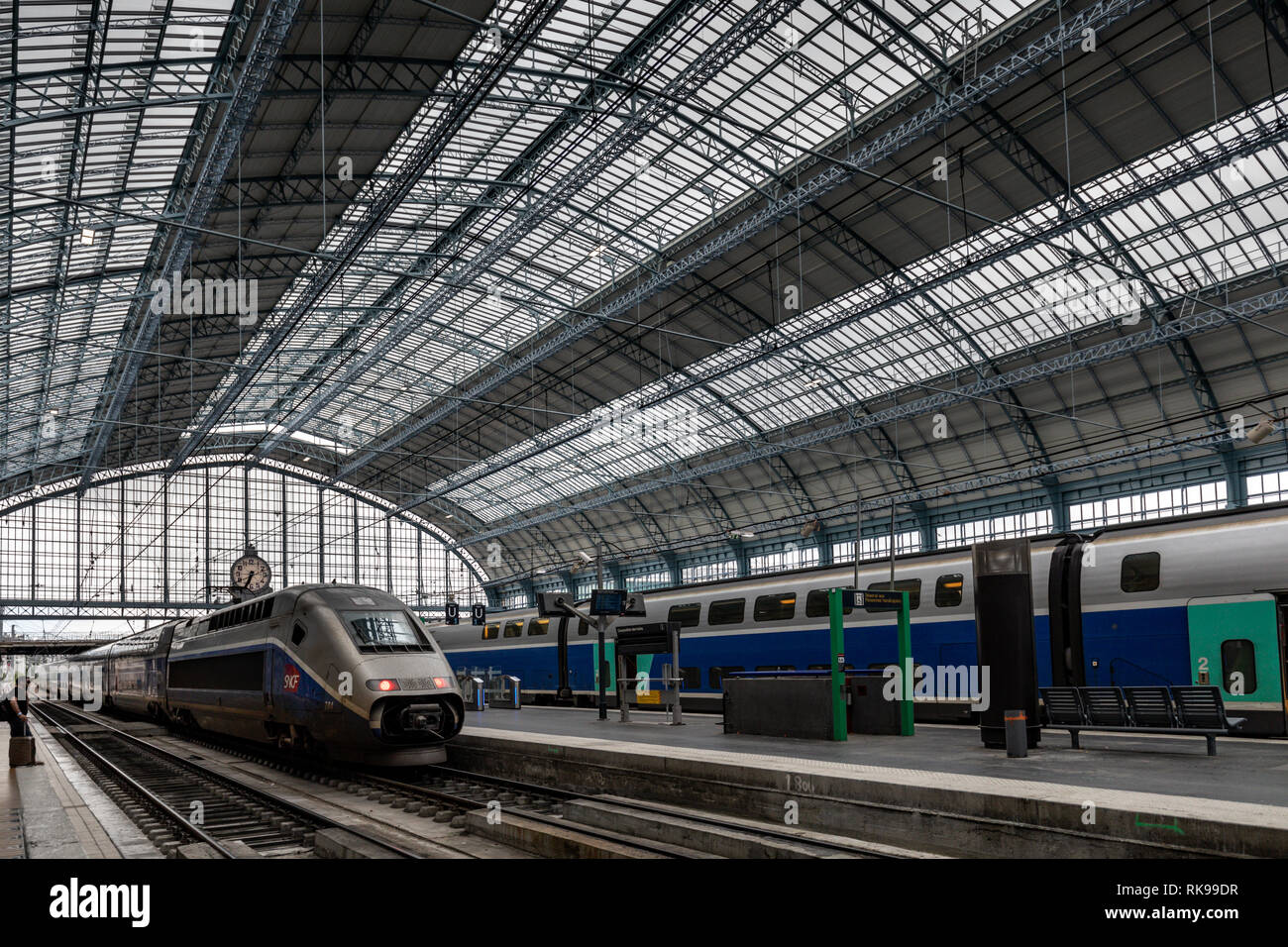 Waiting trains on platforms of the Gare de Bordeaux Saint-Jean,  the main railway station in Bordeaux, France, Europe Stock Photo