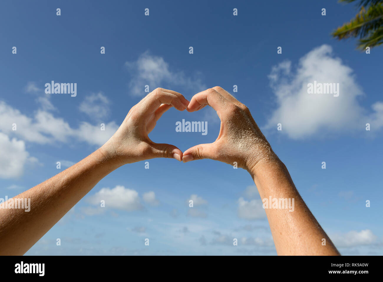 Female hands in front of blue sunny sky, vacation background Stock ...