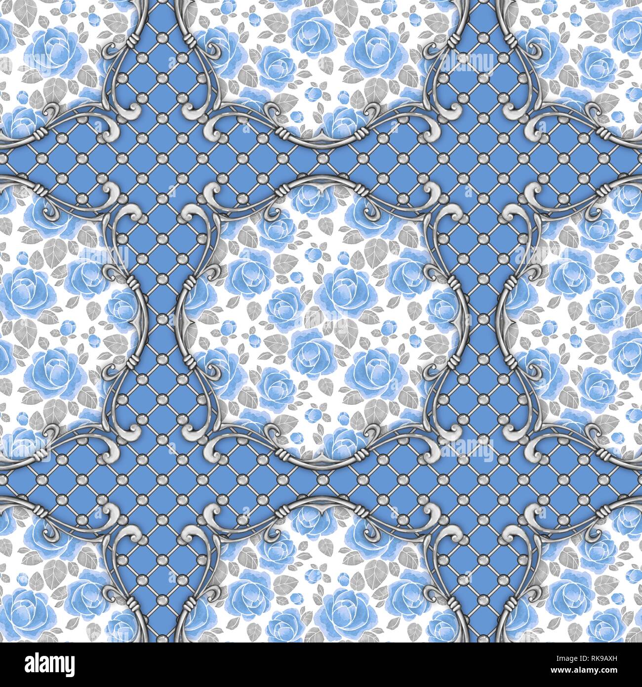 Seamless baroque pattern with gems and silver scrolls Stock Photo - Alamy