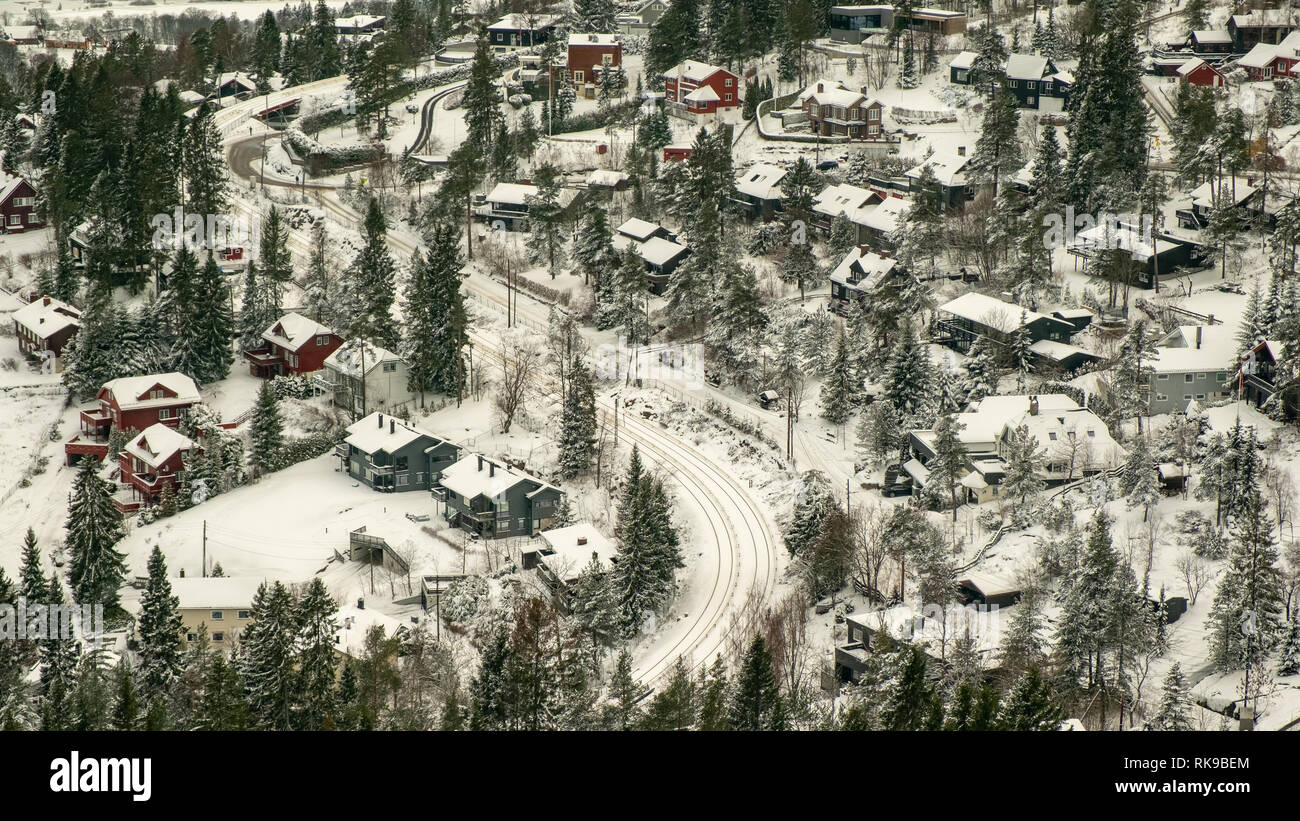 Holmenkollen neighborhood. The photo was taken from the top of the Holmenkollen ski jump tower. Stock Photo