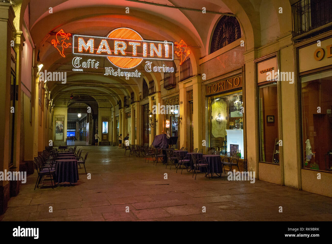 Cafe Torino in centre of Turin with advertisement sign of Martini, late
