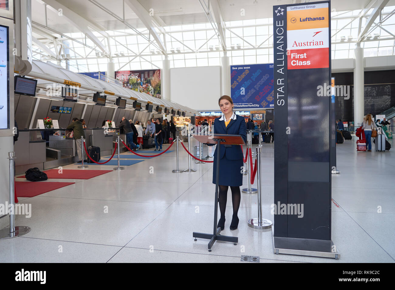 New York April 06 16 Check In Area Of Lufthasa In Jfk Airport Lufthansa Is The Largest German Airline And When Combined With Its Subsidiarie Stock Photo Alamy
