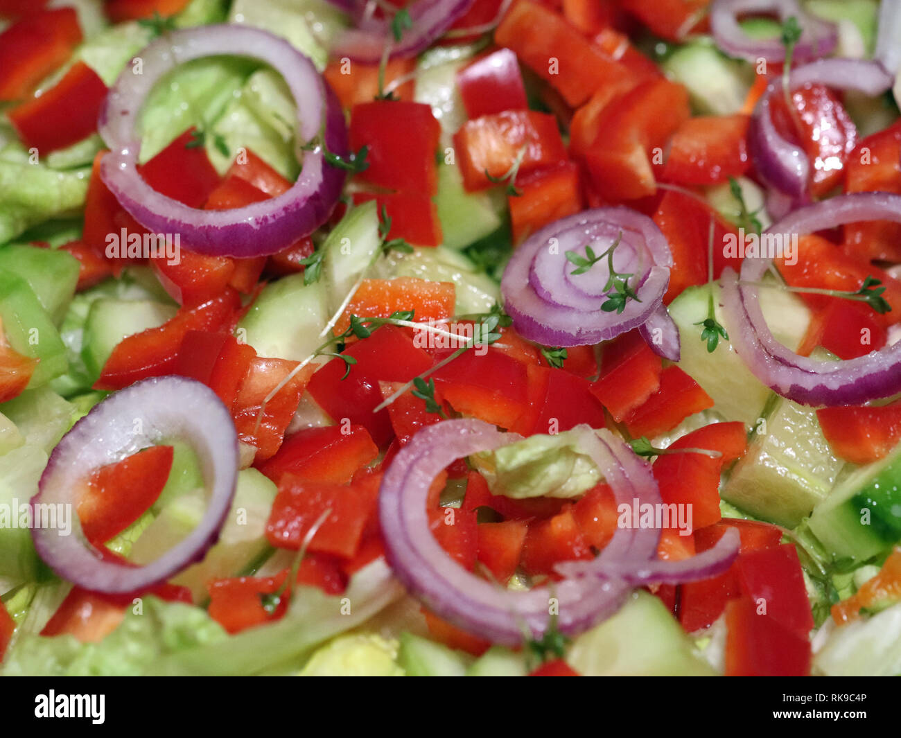 salad with onions and fresh vegetable close up Stock Photo