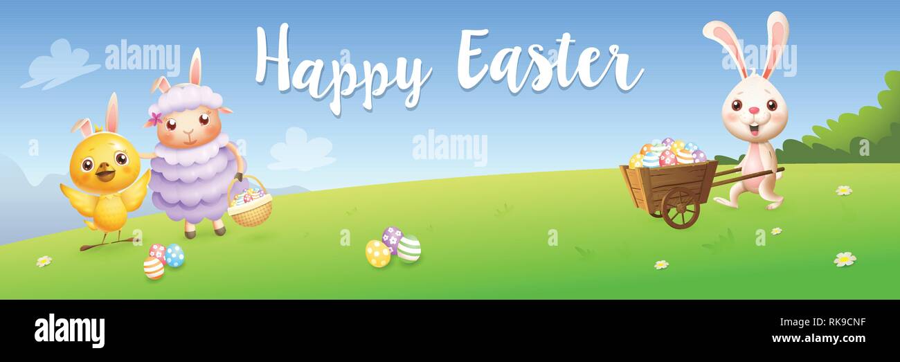 Happy Easter banner - bunny chicken and lamb hunting eggs - spring landscape background vector illustration Stock Vector