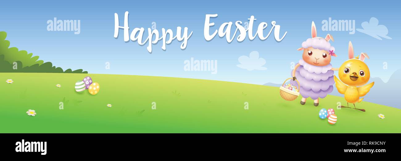 Easter Greeting Card Banner Chicken And Lamb Hunting Eggs
