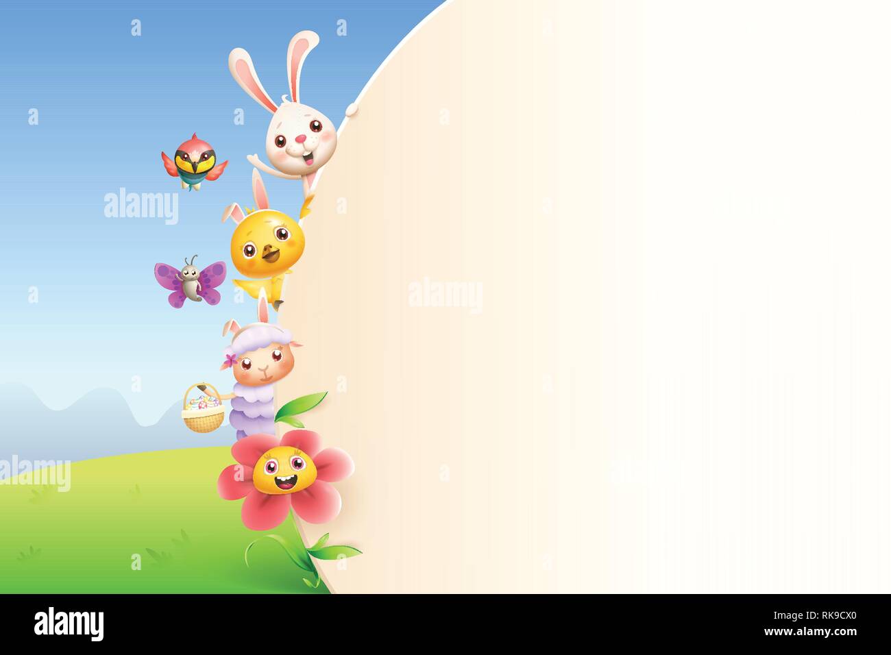 Easter friends animals and flower on left side of board - spring landscape background Stock Vector