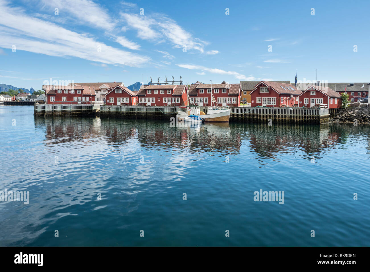 Typical red wooden houses at the harbor, 'rorbuer', Svolvaer, Lofoten, Norway Stock Photo