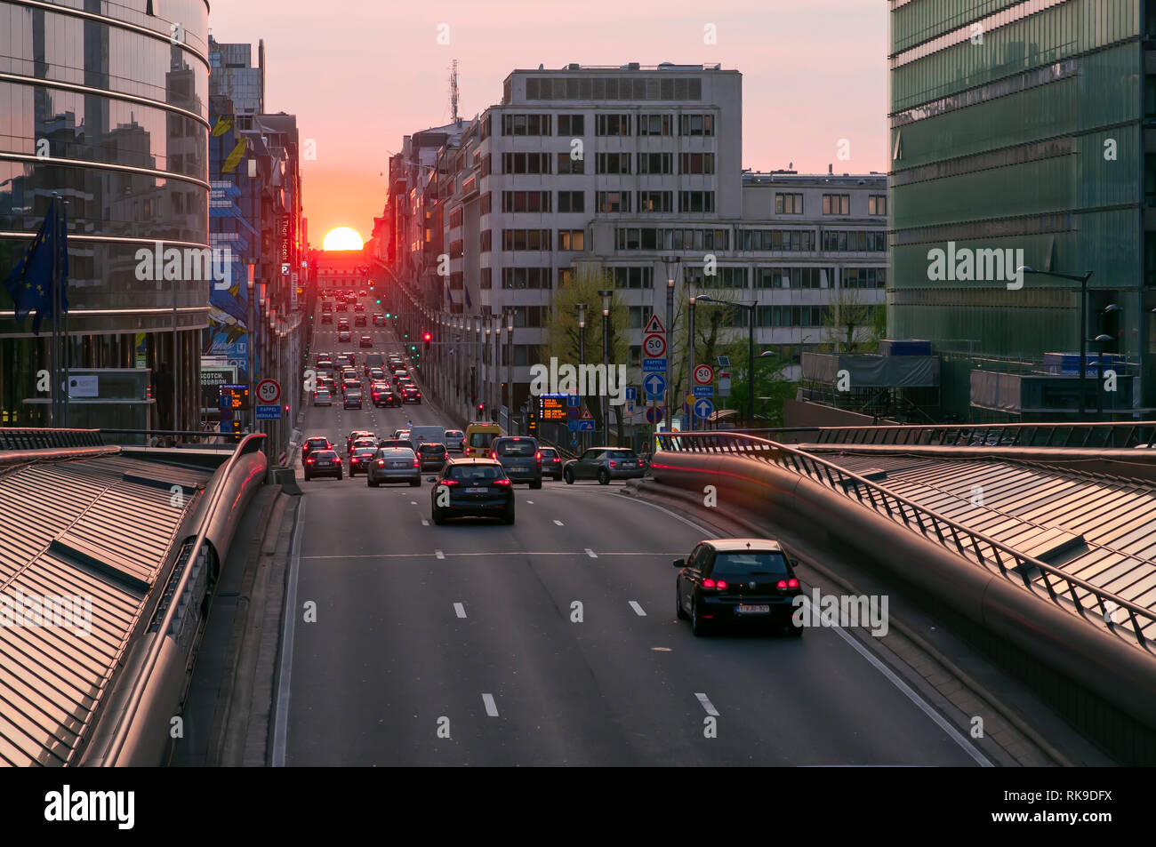 Sunset view over the Rue de la Loi, from the Schuman roundabout in