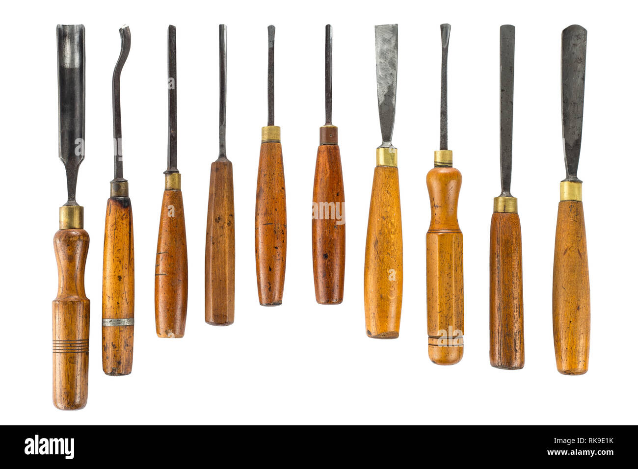 Set of wood chisel for carving wood, sculpture tools on white Stock