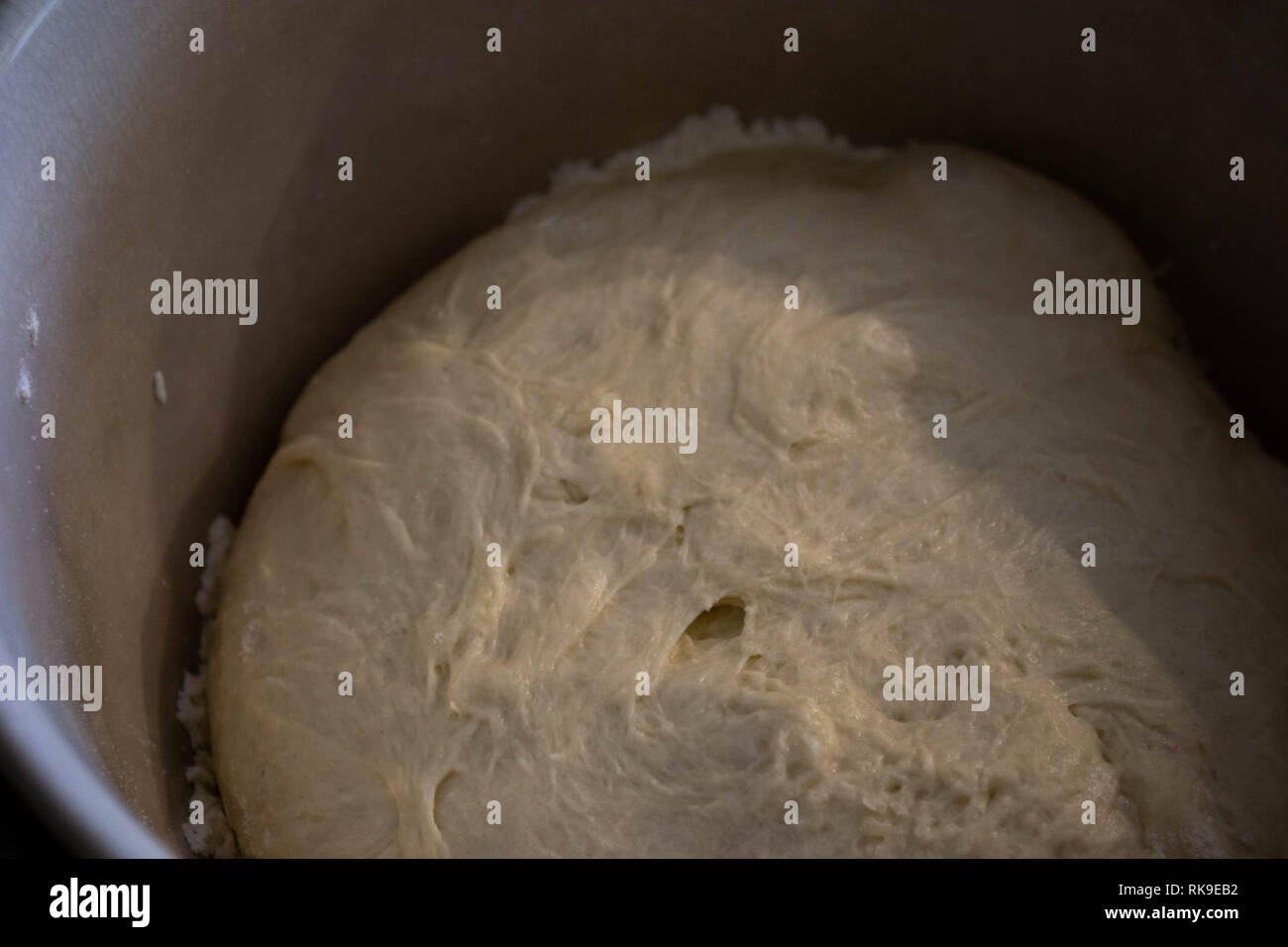 Sourdough bread dough resting in covered container before baking Stock Photo