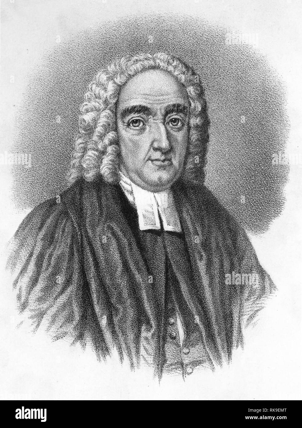 Engraving of Jonathan Swift (1667 – 1745) an Anglo-Irish satirist, essayist, political pamphleteer (first for the Whigs, then for the Tories), poet and cleric who became Dean of St Patrick's Cathedral, Dublin. Stock Photo