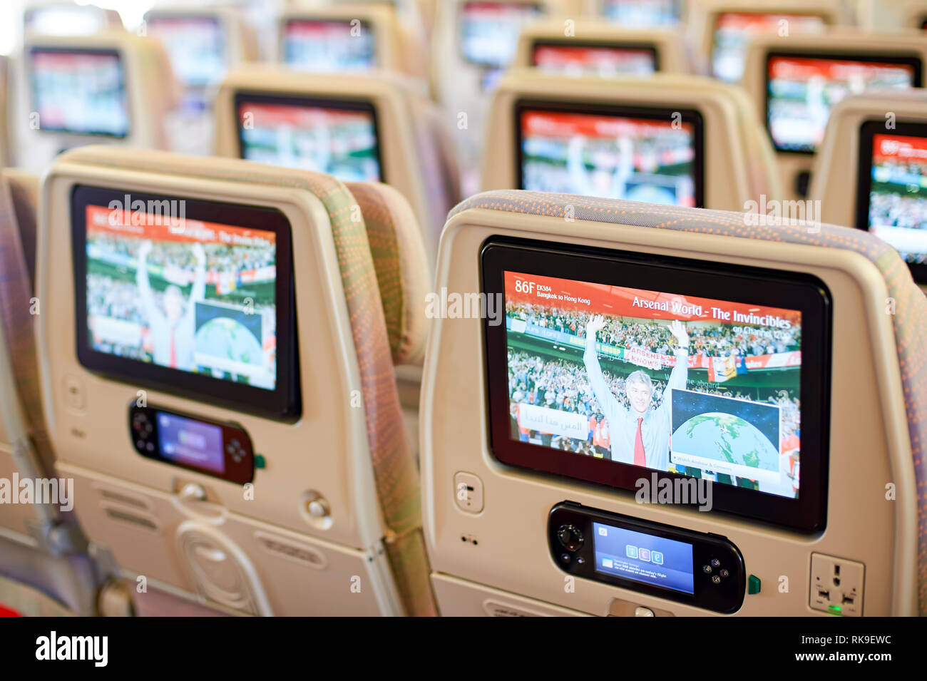 BANGKOK, THAILAND - SEPTEMBER 09, 2015: inside of Emirates Airbus A380. The Airbus A380 is a double-deck, wide-body, four-engine jet airliner manufact Stock Photo