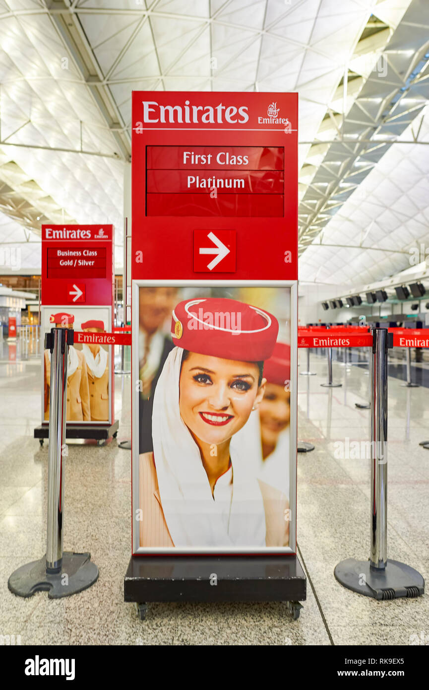 HONG KONG SEPTEMBER 09, 2015 design of Emirates check in counters at Terminal 1 of Hong Kong HONG KONG SEPTEMBER 09, 2015 design of Emirates check in counters at Terminal 1 of Hong Kong