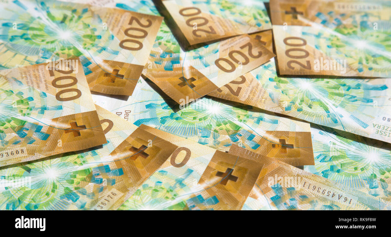 Collection of the barnd new swiss 200 franks banknotes (issued in 2018 ...