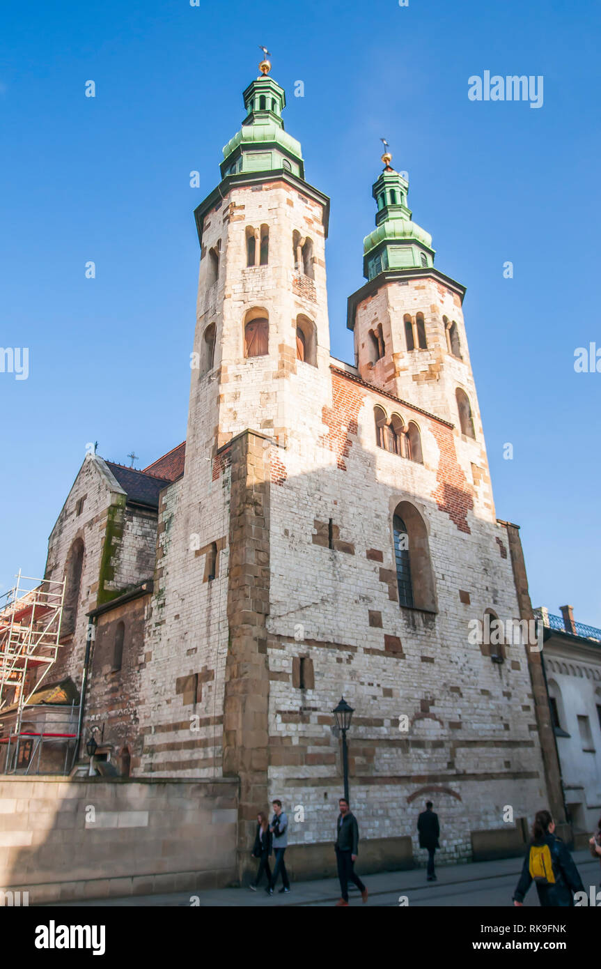 St. Andrew's Church, ( Kościół św. Andrzeja) 11th-century stone Romanesque church with baroque steeples, plus a convent & an 18th-century organ. Krakow, Poland, Europe Stock Photo