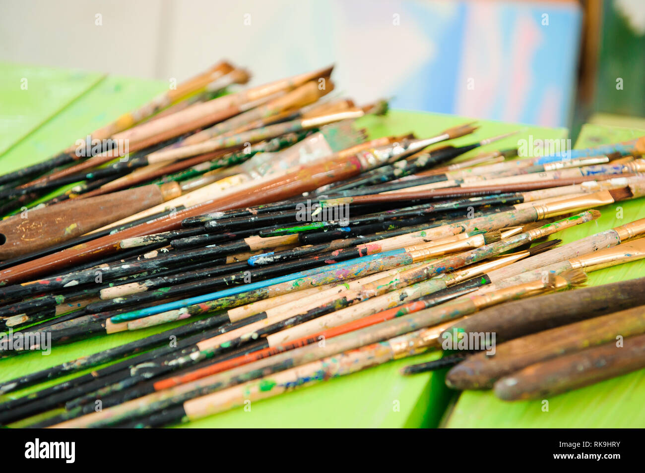 used paint palette, watercolors, brush art lesson Stock Photo Alamy