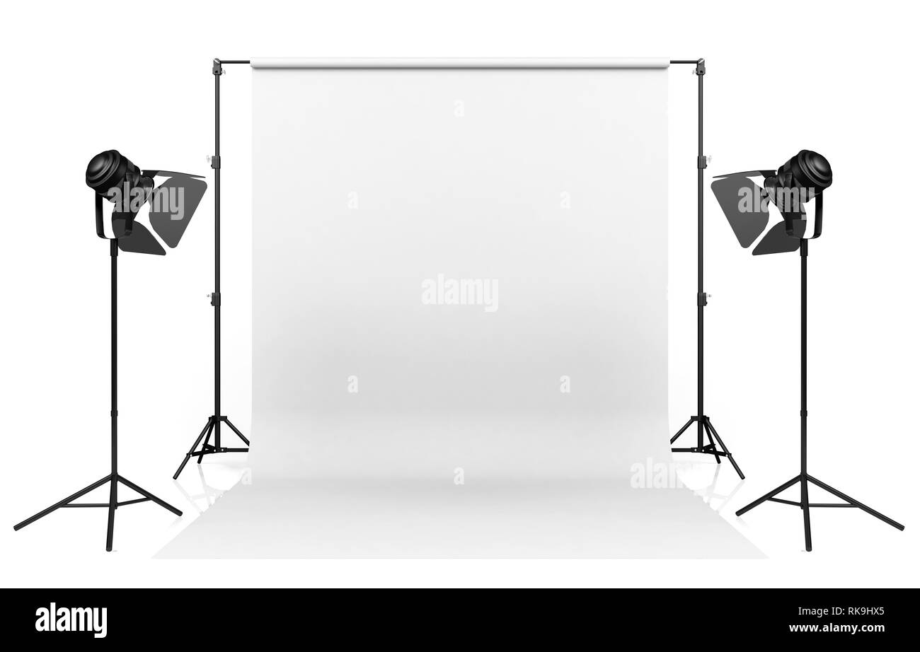 Photo studio lighting set up with white backdrop on white background