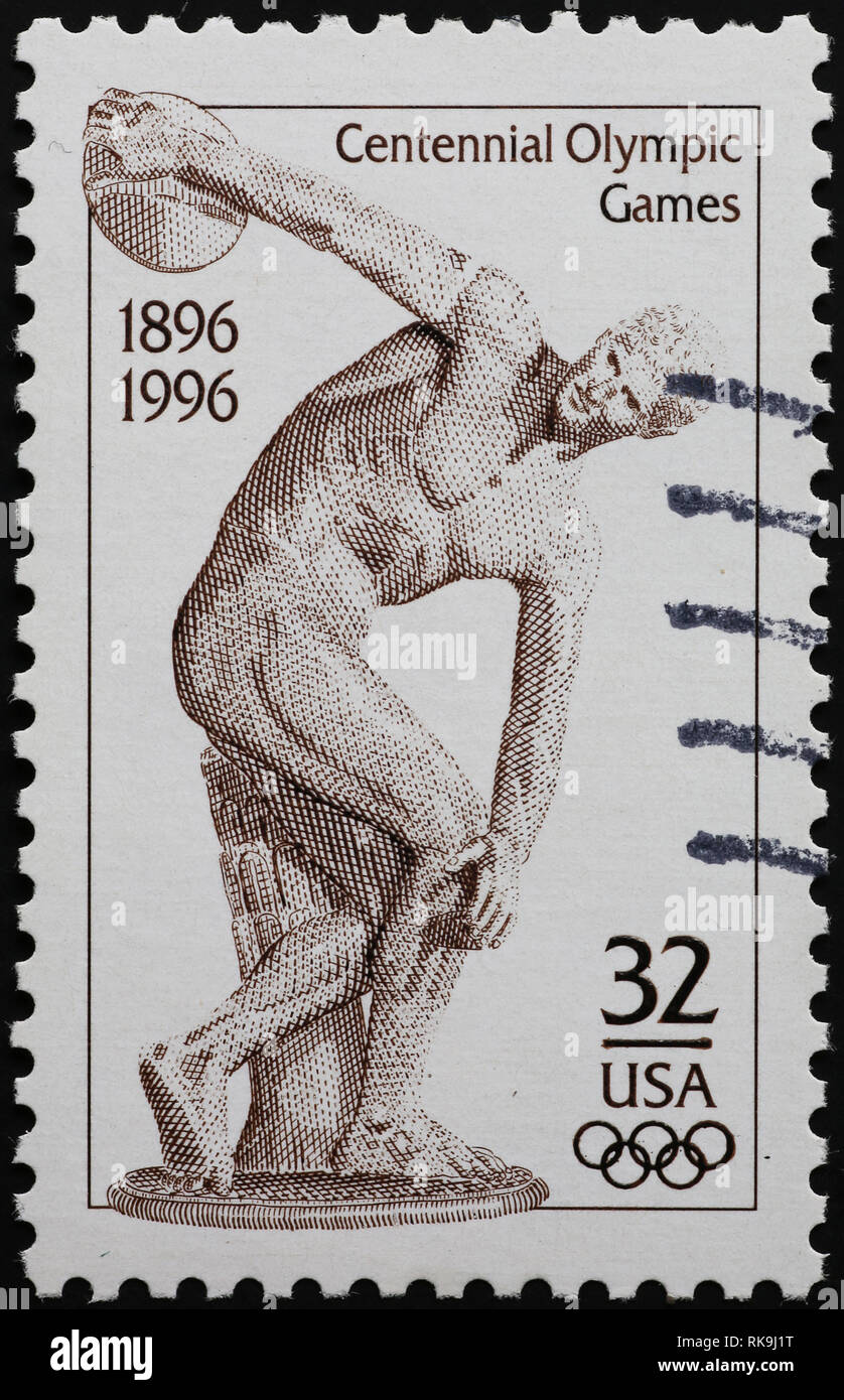 Ancient statue of discobolus on american postage stamp Stock Photo