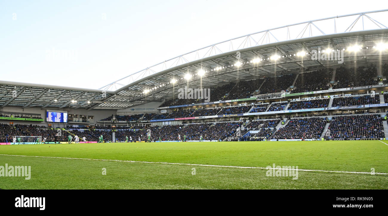 The Premier League match between Brighton & Hove Albion and Watford at the American Express Community Stadium . 02 February 2019 Editorial use only. No merchandising. For Football images FA and Premier League restrictions apply inc. no internet/mobile usage without FAPL license - for details contact Football Dataco Stock Photo