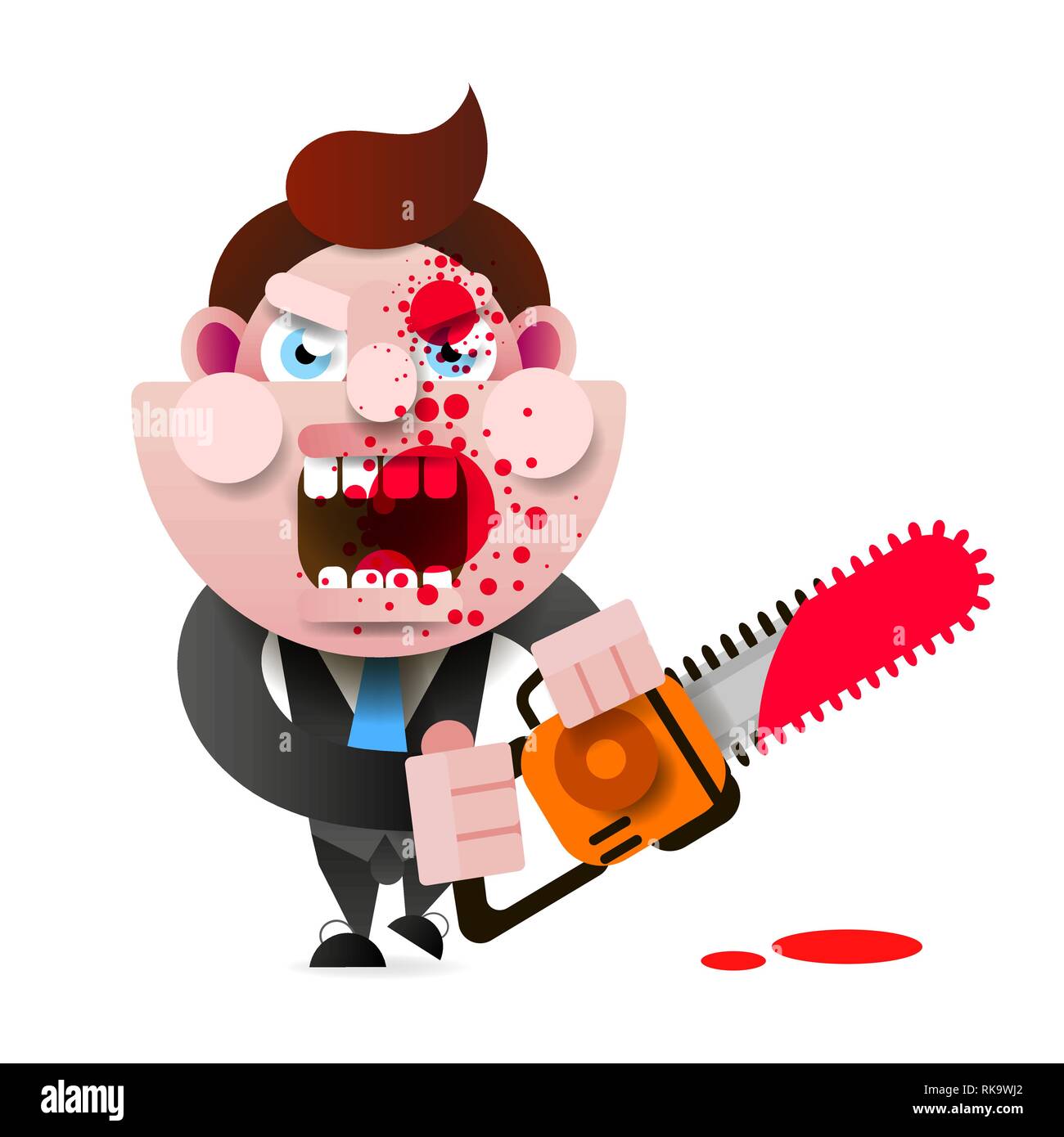 Crazy Murderer Covered In Blood With A Chainsaw Happy Halloween. Design For T-shirts, And Other Items. Stock Vector