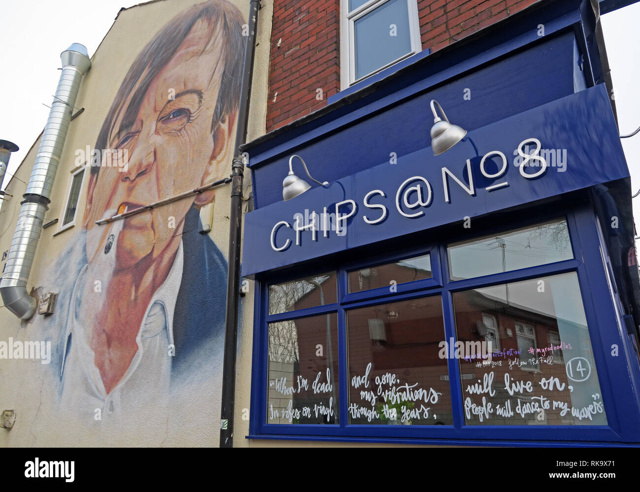 My vibrations will live on, In vibes on vinyl through the years, People will dance to my waves - Mark E Smith mural, Chips@No8, Psykick Dancehall Stock Photo