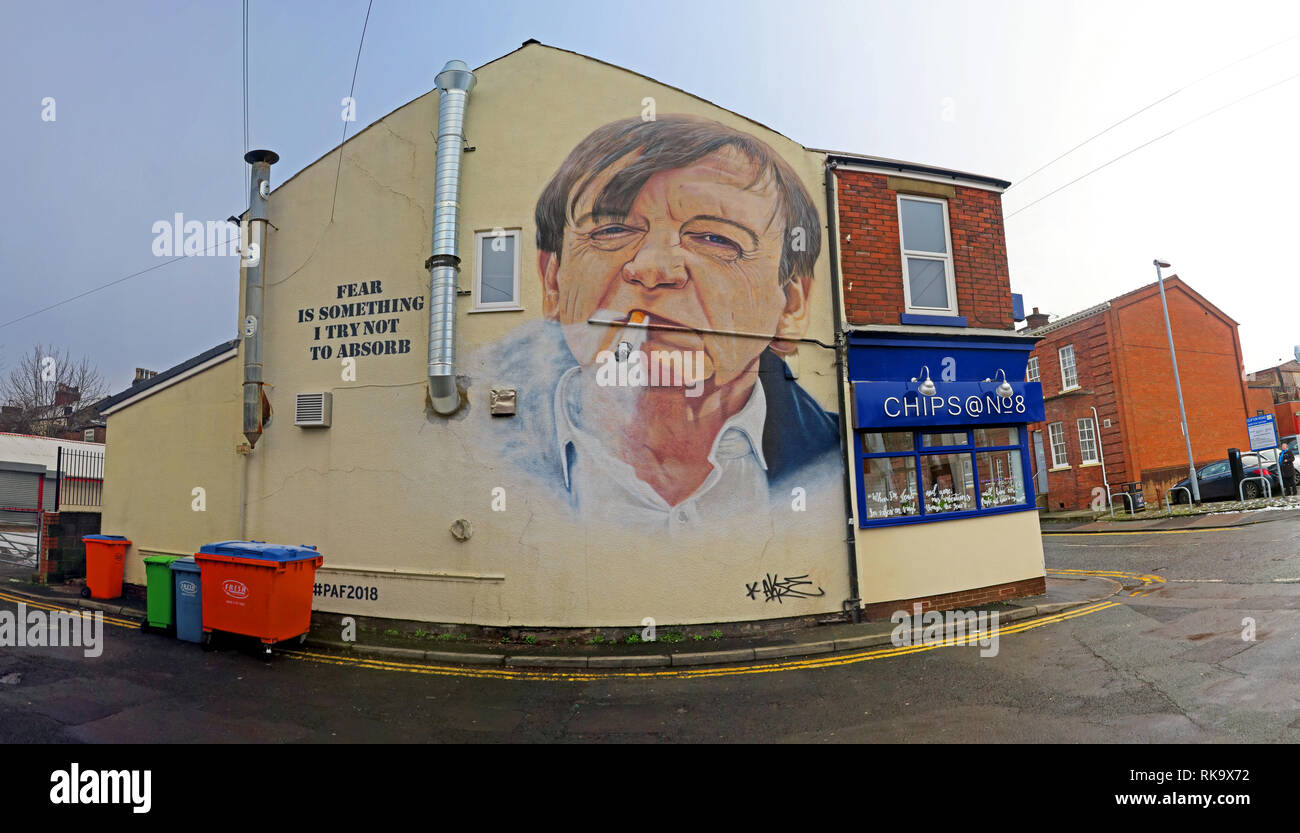 'Fear is something I try not to absorb',Clifton Road, Prestwich, The Fall, Mark E Smith artwork, 8 Clifton Road, Prestwich, Bury M25 3HQ, England Stock Photo