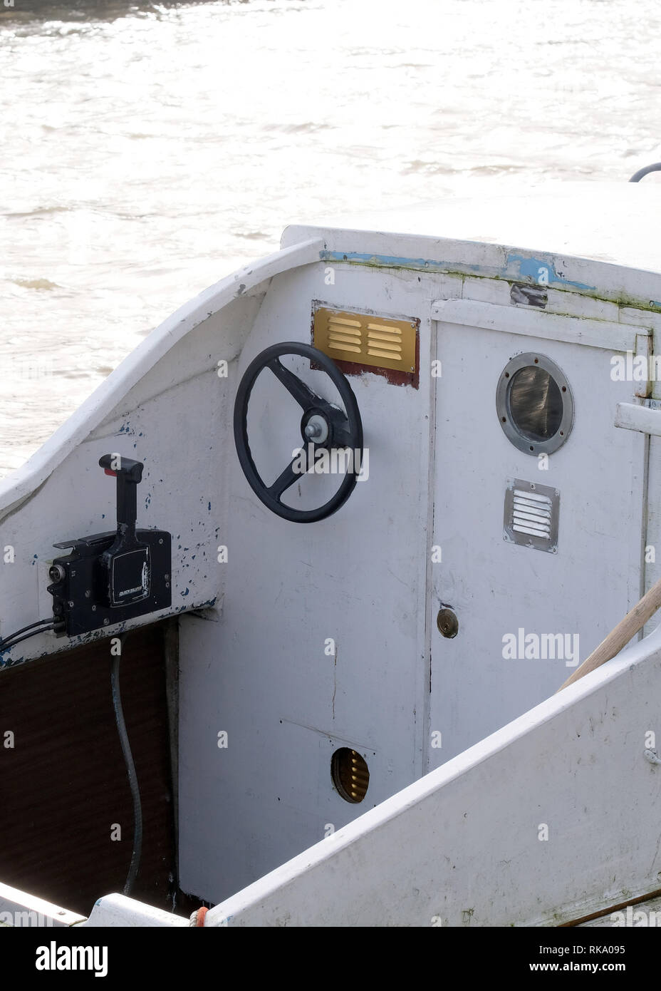 February 2019 - The controls of a small launch on the Gloucester and Sharpness Canal, near Slimbridge. Stock Photo