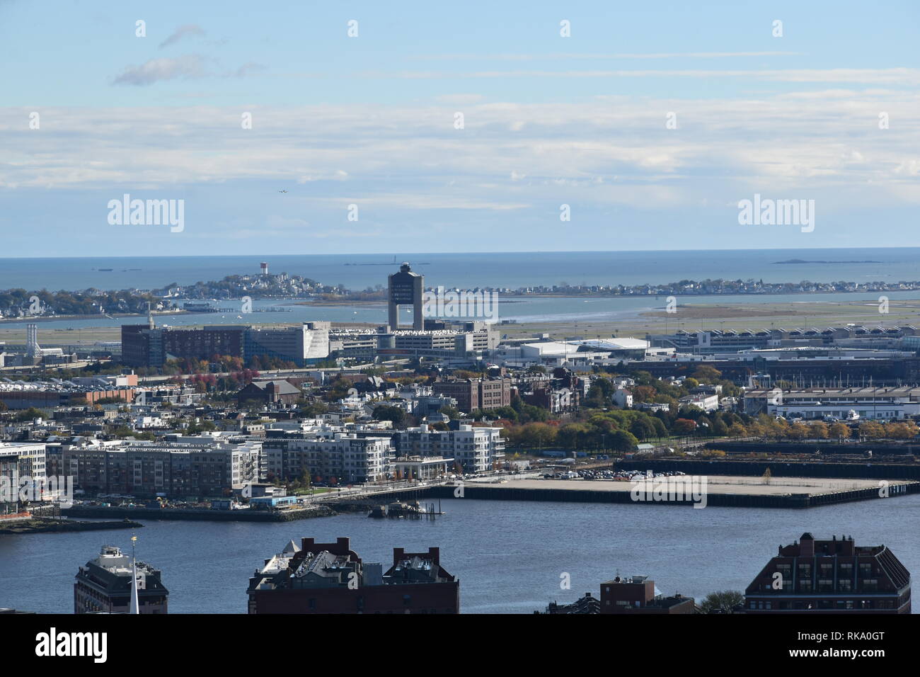 View of the Boston skyline seen from the Avalon North Station roof deck 400 feet above the city streets, Boston, Massachusetts, USA Stock Photo
