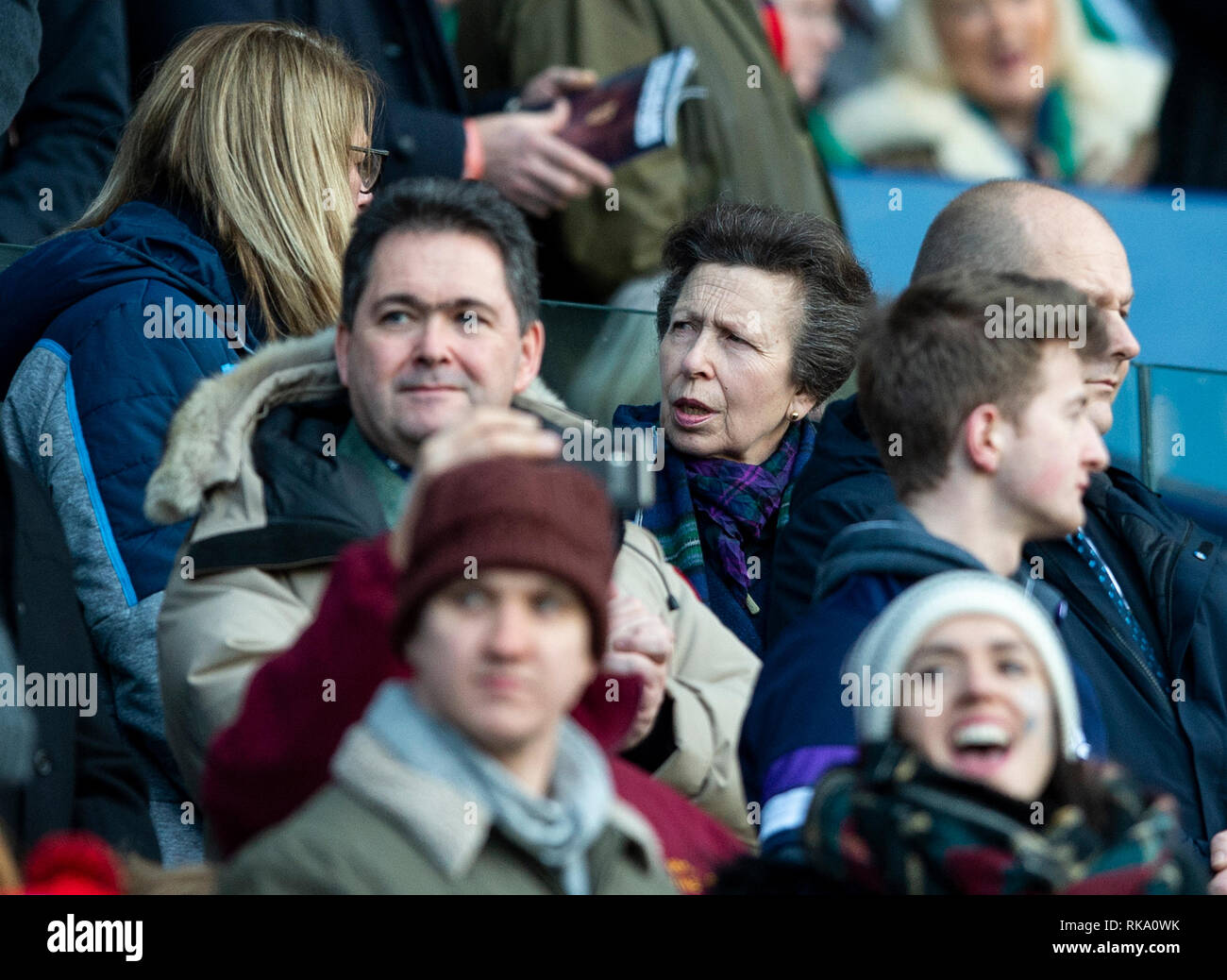 Edinburgh, Scotland, UK. 9th Feb 2019. Her Royal Highness, Princess Anne, takes her place in the crowd prior to kick off as Scotland play host to Ireland in their second game of the 2019 6 Nations Championship at Murrayfield Stadium   in Edinburgh.  (Photo by Ian Jacobs) Credit: Ian Jacobs/Alamy Live News Stock Photo