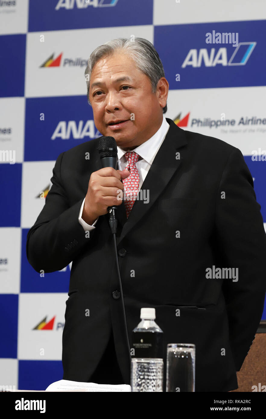 Tokyo, Japan. 8th Feb, 2019. Philippine Airlines (PAL) president Jaime Bautista announces PAL and All Nippon Airways (ANA) expand their partnerships in Tokyo on Friday, February 8, 2019. ANA Holdings will invest 95 million U.S. dollars to PAL Holdings and acquire 9.5 percent of PAL Holdings shares. Credit: Yoshio Tsunoda/AFLO/Alamy Live News Stock Photo