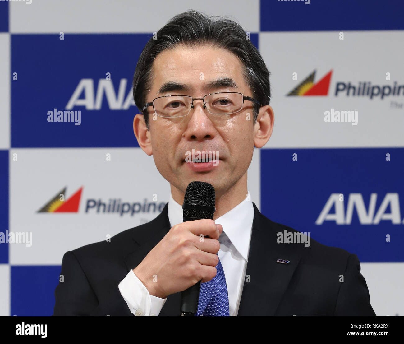 Tokyo, Japan. 8th Feb, 2019. All Nippon Airways (ANA) president Yuji Hirako announces ANA and Philippine Airlines (PAL) expand their partnerships in Tokyo on Friday, February 8, 2019. ANA Holdings will invest 95 million U.S. dollars to PAL Holdings and acquire 9.5 percent of PAL Holdings shares. Credit: Yoshio Tsunoda/AFLO/Alamy Live News Stock Photo