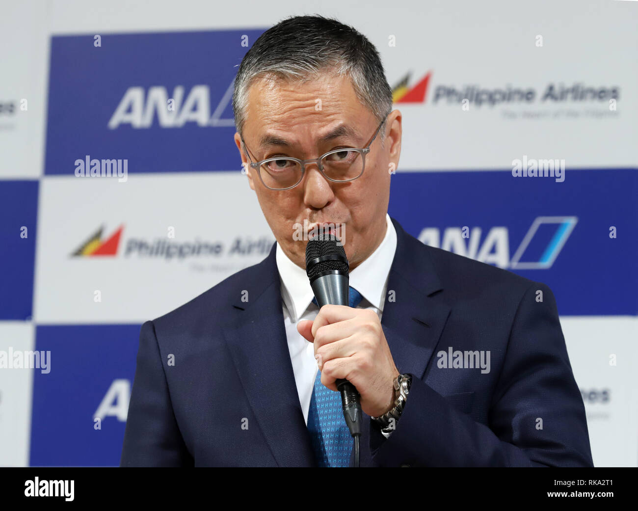 Tokyo, Japan. 8th Feb, 2019. LT Group president and PAL Holdings director Michael Tan announces Philippine Airlines (PAL) and All Nippon Airways (ANA) expand their partnerships in Tokyo on Friday, February 8, 2019. ANA Holdings will invest 95 million U.S. dollars to PAL Holdings and acquire 9.5 percent of PAL Holdings shares. Credit: Yoshio Tsunoda/AFLO/Alamy Live News Stock Photo