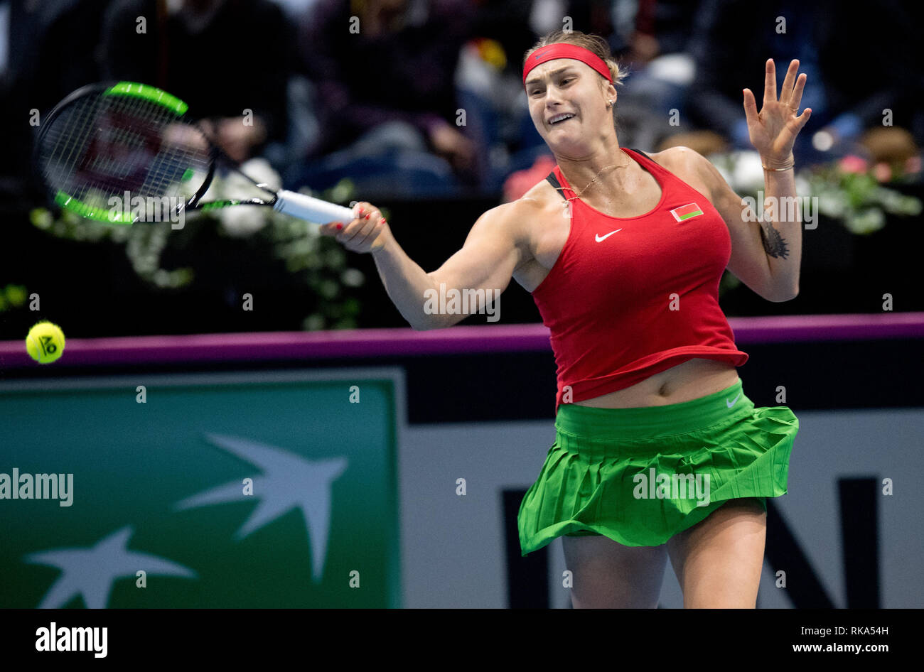 Braunschweig, Germany. 10th Feb, 2019. Tennis, ladies: Federation Cup -  World Group, 1st round, Germany - Belarus: Belarusian Aryna Sabalenka beats  a forehand in the singles against Germany's Siegemund. Credit: Julian  Stratenschulte/dpa/Alamy