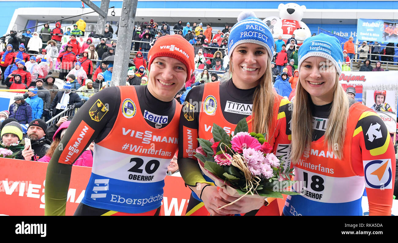 Oberhof, Germany. 10th Feb, 2019. Tobogganing, World Cup, single-seater, women, 2nd run on the Oberhof sled and bobsleigh track. Tatjana Huefner (l-r), Natalie Geisenberger and Dajana Eitberger from Germany win the European Championship. Geisenberger wins gold ahead of Hüfner and Eitberger. Credit: Martin Schutt/dpa-Zentralbild/dpa/Alamy Live News Stock Photo
